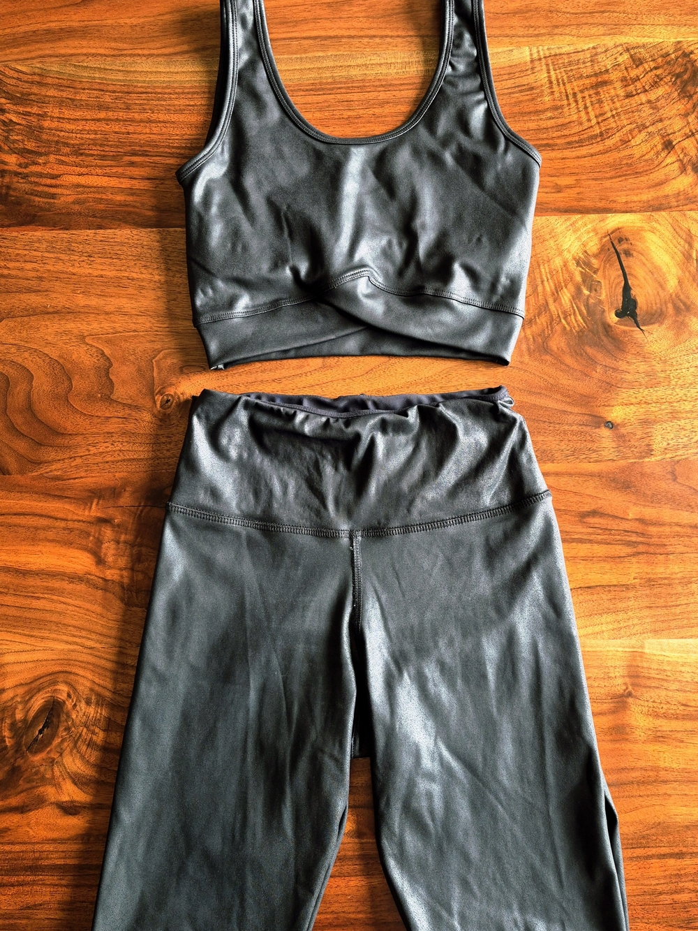 Strut This- Black Faux Leather Activewear Crop Top & High-Waist Leggings Set - Picture 1 of 5